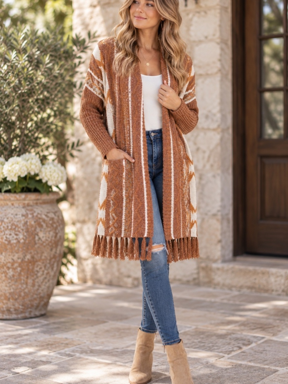 Oceanus Sweater Cardigan Aztec Pattern Brown White Fringed Open Front Size M NWT